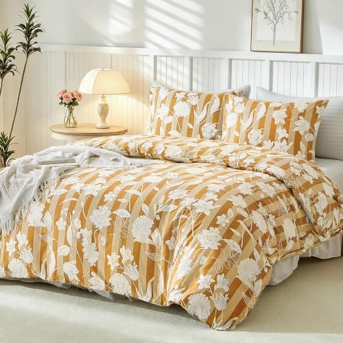 Image of Lekesky Orange Floral Duvet Cover King Size, Stripes Comforter Cover King Size Floral Printed Duvet Set, 3 Pieces Soft Microfiber Bedding Set with Zipper & 7 Ties (King, 104 inchx90 inch)