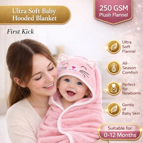 Image of BRANDONN Baby Blankets New Born Pack of Hooded Wrapper Blanket Or Baby Bath Towel (Pink Dog, 0-12 Months, 75 cm x 75 cm)