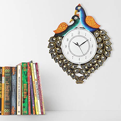 Image of Wooden Peacock Design Wall Clock Antique Round Analog Decorative Clock for Home & Office (13 x 16 Inch)