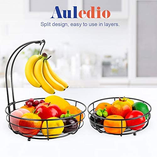 Auledio Iron 2-Tier Countertop Fruit Vegetables Basket Bowl Storage With Banana Hanger, Black, 64 Ounces #TOP2