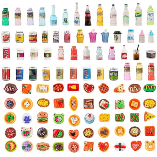 100 Pcs Miniature Food Set & Drink Bottles Realistic Resin Dollhouse Accessories 1:12 Scale Mini Food Kit for Kids Play Collectors Miniature Scene Kitchen Game Party Cake Bread Dessert