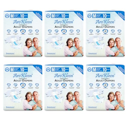 Image of Aro Kleen (Isi Certified)Premium Adult Diapers,Tape Style,Medium(M)Size,60 Count,Waist Size(72-102 Cms || 28 inch-40 inch Inch),Unisex,High Absorbency,Leak Proof,Wetness Indicator-Pack Of 6