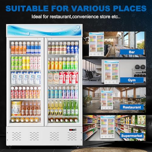 Image of 47.8'' W Commercial Beverage Refrigerators, 40 Cu.ft Glass Door Refrigerator Commercial Cooler with LED Light and 10 Shelves, Display Refrigerator for Restaurant Store Cafe Bar, White