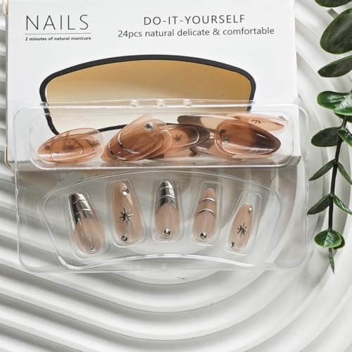 Image of Silver Press on Nails Medium Almond Fake Nails Nude Glossy False Nail with Design Shiny Rhinestone Glue on Nails Reusable Artificial Acrylic Full Cover Star Stick on Nail for Women Manicure 24Pcs