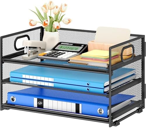 Subekyu 3 Tier Paper Letter Tray Organizer for Desk, Black Metal Mesh Desk File Folder Sorter Organizer with Handle and Sliding Tray for Home, Office, School Supplies Organization Storage Subekyu 3 Tier Paper Letter Tray Organizer for Desk, Black Metal Mesh Desk File Folder Sorter Organizer with Handle and Sliding Tray for Home, Office, School Supplies Organization Storage