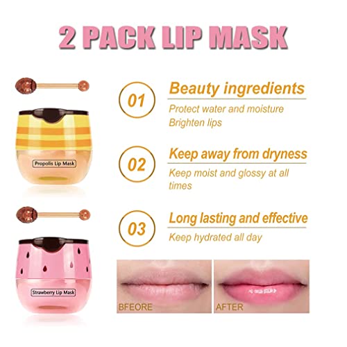 Bee Balm Lip Balm Honey Pot,Strawberry Vitamin E Hydrating & Prevention Dry And Cracked Lip Scrubs Exfoliator,Propolis Moisturizing Honey Lip Mask Lip Balm, Lip Exfoliating And Lip Sleep Mask Reduces Lip Lines With Brush Lip Care. (Honey&Strawberry) #TOP1