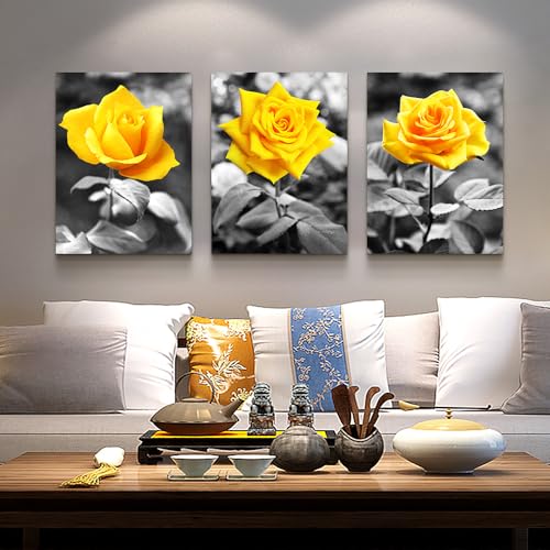 DZRWUBHS Canvas Wall Decoration For Living Room Framed Wall Art For Bedroom Black And White Prints Pictures Yellow Rose Flowers Paintings Artworks Modern Bathroom Kitchen office Walls Decor 3 Piece
