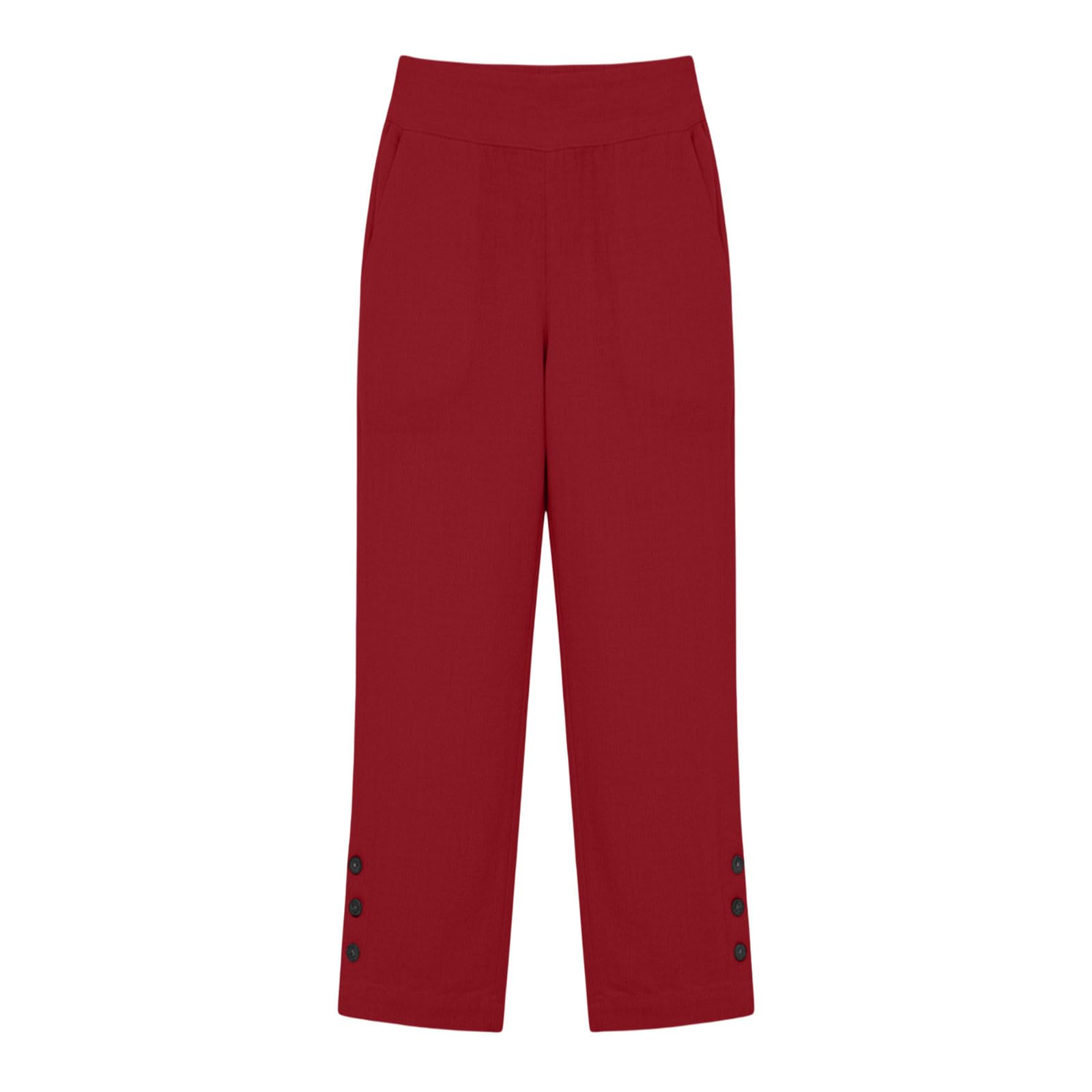 Pantalon Coton Et Lin pour Femme avec Taille Élastique Et Poches Côté - Pantalon Droit À Ouvertures Latérales Et Boutons, Idéal comme Pantalons Casual pour La Vie Quotidienne Et Les Balades