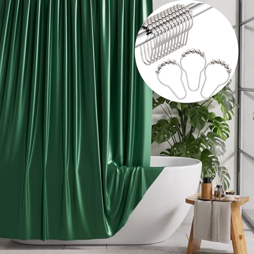AmazerBath Green Shower Curtain Set for Bathroom, Shower Curtain with Hooks Fabric, Luxury Elegant Satin, 72X84 Inches