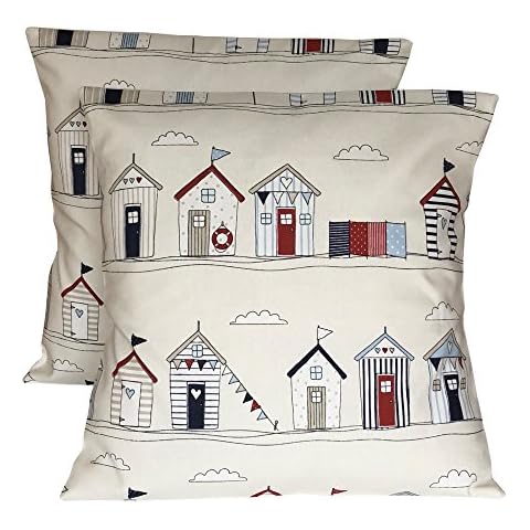 CUSHIONS2U 2 x 16 x 16” (40cm x 40cm) Pack Of Two Fryetts Beach Hut Red Cream Blue Cushion Covers Cover