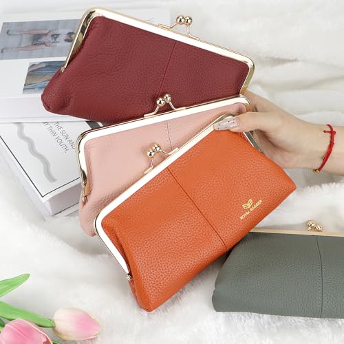 Image of Royal Bagger RFID Kiss Lock Wallet, Solid Color Multi-card Slots Card Holder, Genuine Cow Leather Clutch Purses for Women 1468 (Coffee)