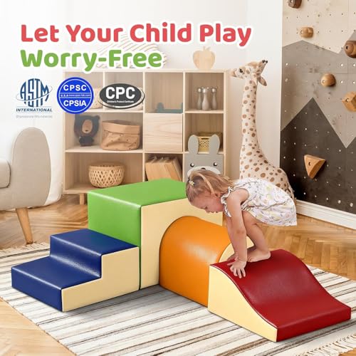 Image of Sumbababy Toddler Climbing Foam Blocks: 4 PCS Indoor Play Gym with Slide and Stairs - Soft Playground Set for Kids - Includes Tunnel for Fun Climbers