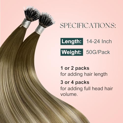 Image of Easyouth Nano Extensions Human Hair, 20 Inch 50G 50S, Ombre Dark Brown to Blonde with Brown, Nano Beads Balayage, Add Length and Volume for Daily, Longer Instantly
