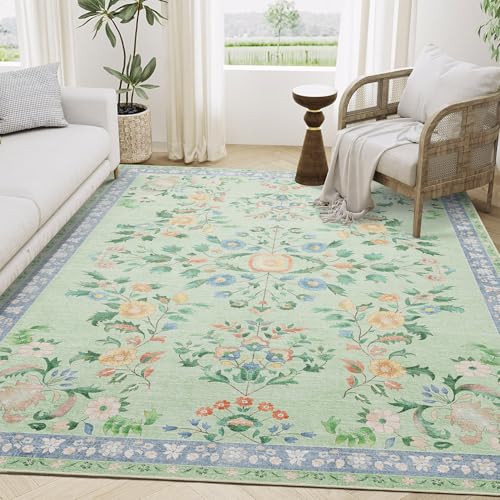 Alfombra Area MUJOO 5x7 Boho Floral Verde Lavable miniatura 2