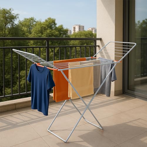 Image of HOUZA 3 Way Folding Cloth Drying Stand, Lightweight, 42 Feet Drying Length, 20 Drying Rails, Orange & White, Pack of 1