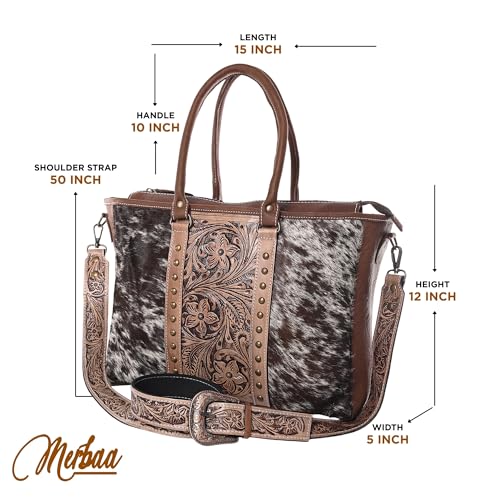 Image of Merbaa Western Cowhide Hairon Leather Tote Bag for Women With Adjustable Tooled Shoulder Strap Leather Purse