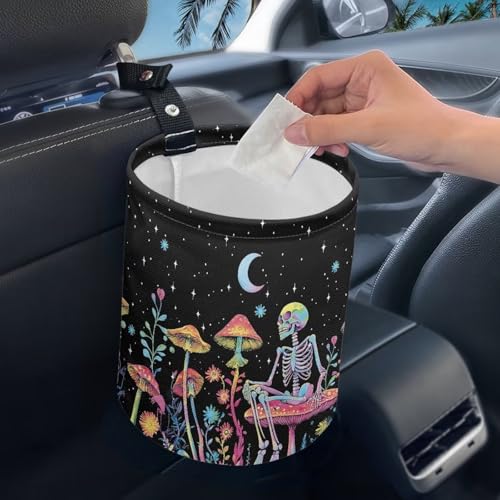 Image of Mushroom Skull Car Trash Bag - Portable Garbage Bin for Front Seat, Back Seat, Floor - Universal Collapsible Easy to Clean Car Garbage Accessory