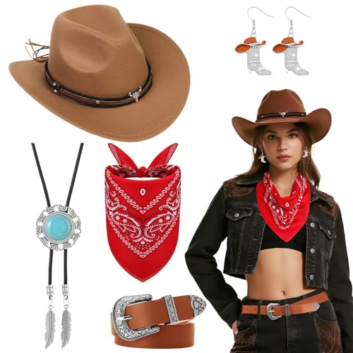 Saier tbo 5 Pièces Set de Déguisement Cowboy Western pour Femme, Kit Accessoires de Cowgirl avec Chapeau Collier Boucles d'oreilles Ceinture Bandana pour Halloween Masqué Cosplay Fêtes