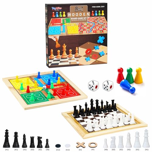 Image of Toyaffair Wooden Board Game Set - Ludo, Snakes & Ladders, Checkers, Chess, and Tic Tac Toe -Multi Game Board for Kids and Adults, Portable Family Fun Game (5 in 1 Wooden Board Game)