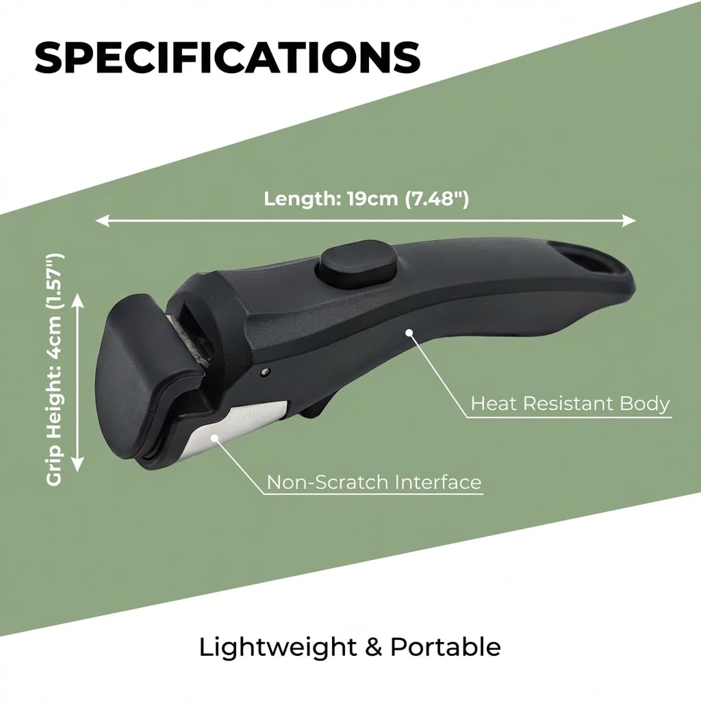 Abnehmbarer Pfannen- und Topfgriff, Hitzebeständiger Anti-Rutsch Griff bis 250 °C, Universeller Kochgeschirr Griff mit Ein-Knopf-System, Tragfähigkeit bis 10 kg