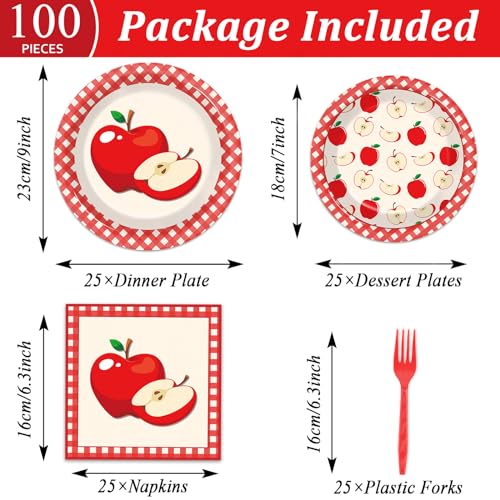Image of Qyeahkj 100 Pcs Apple Party Supplies Back to School Plates and Napkins Fruit Themed Decorations Apple Birthday Tableware Set Disposable Dinnerware Decor Serves 25 Guests