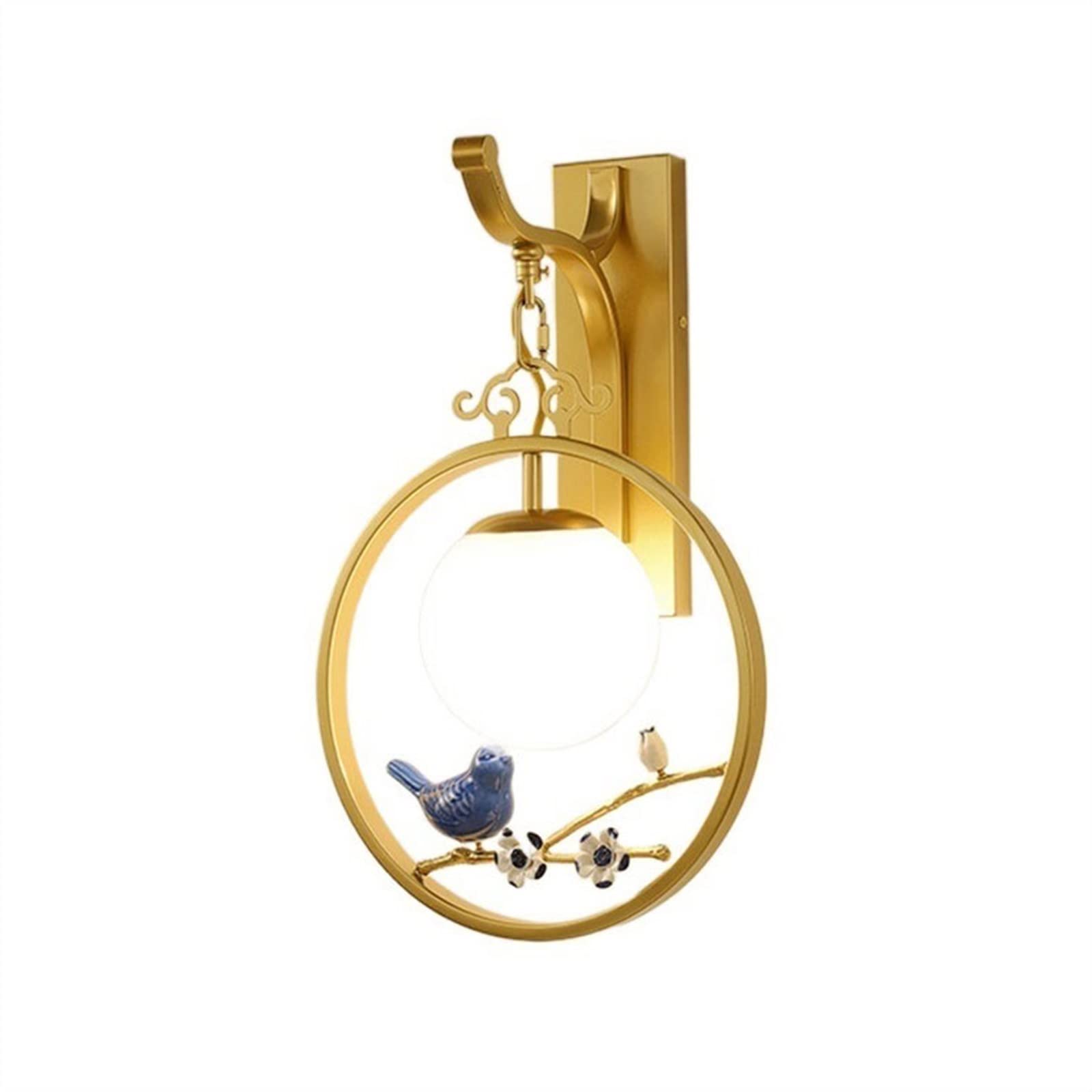 ZENY896V Bedroom Chinese Zen Style Bird Decoration Wall Lamp with Circular Center Lampshade and Creative Hallway Entrance Lighting Wall Sconce(Gold)