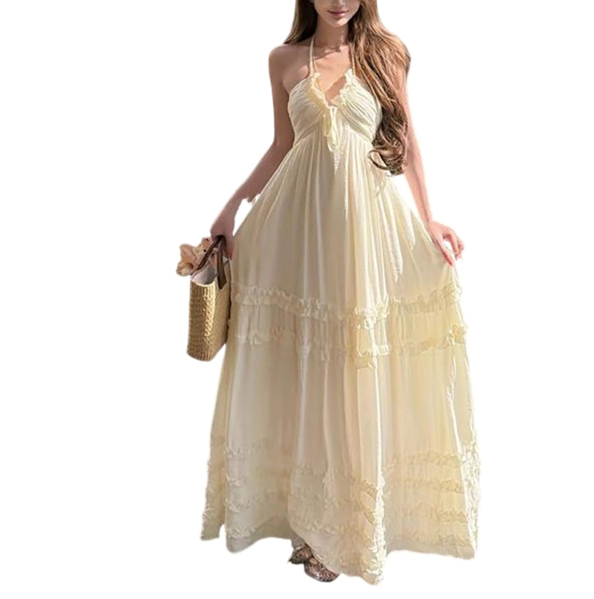 Vestido largo sin mangas para mujer, con volantes, espalda descubierta, escalonado, vestido de playa de verano