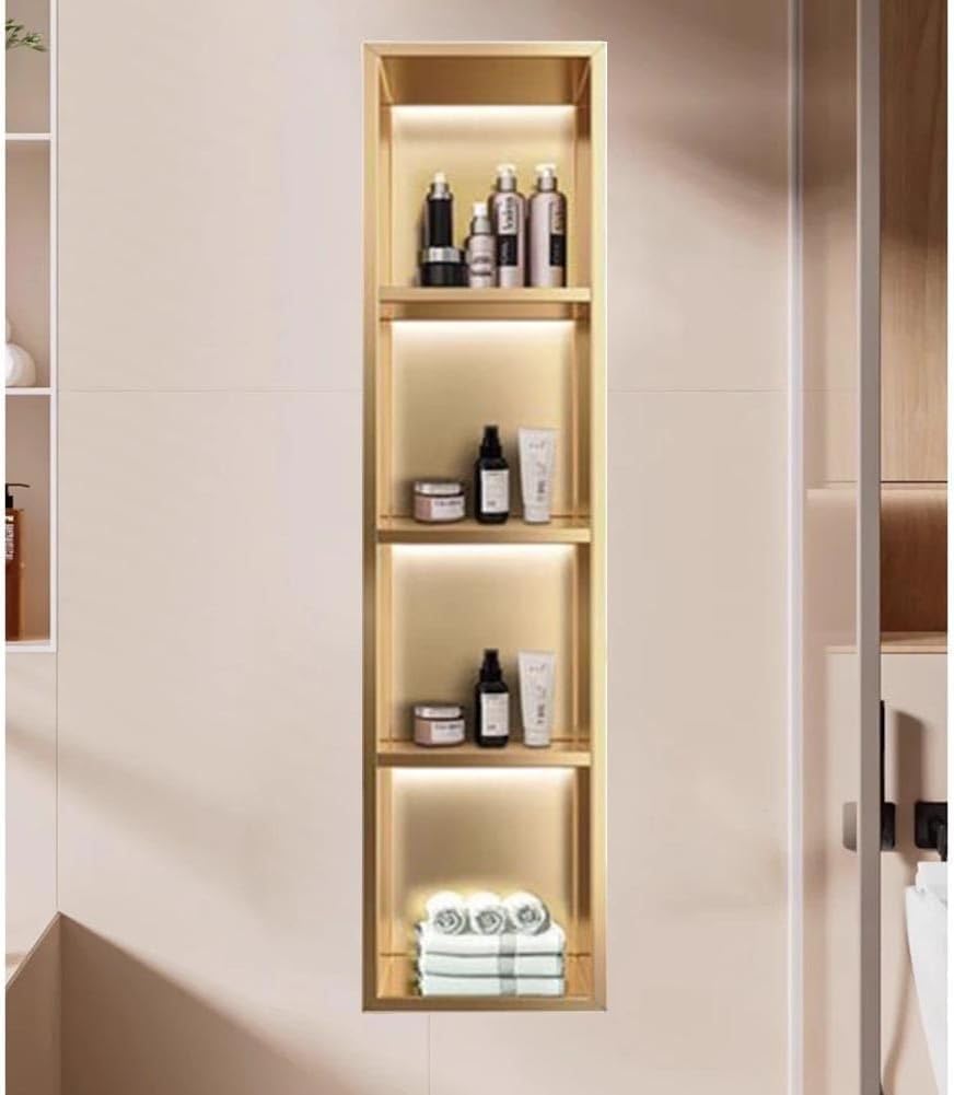 Stainless Steel Shower Niche with LED Light - Recessed Wall Shelf, 1-Tier Bathroom Storage, No Tile Required, Over Mount Installation, Gold Finish, 32x12.5x32cm