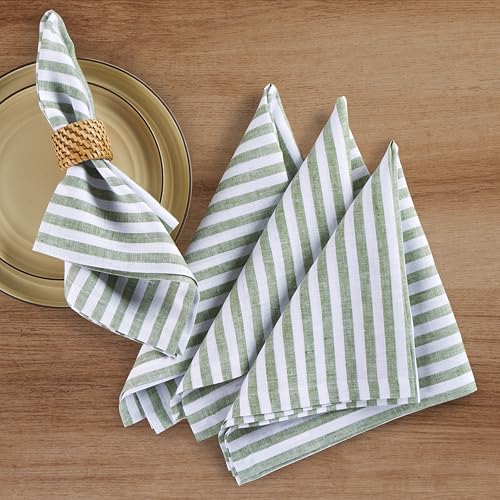 Image of Solino Home 100% Linen Napkins, 20 x 20 in, Green, Amalfi Stripe, Set of 4 | soft napkins for daily meals and celebrations, woven stripe, European flax fibres, machine washable, fine, OEKO-TEX Certified