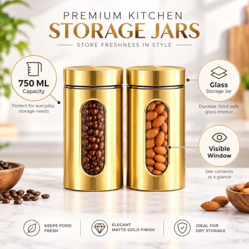 Image of Electric Kettle (1.8 ltr,Auto shut off) with 2 x 750ml Glass Storage Jars | Gold Metal Covered Containers with Clear Window | Premium Kitchen Combo for Tea, Coffee, Sugar & Dry Fruits