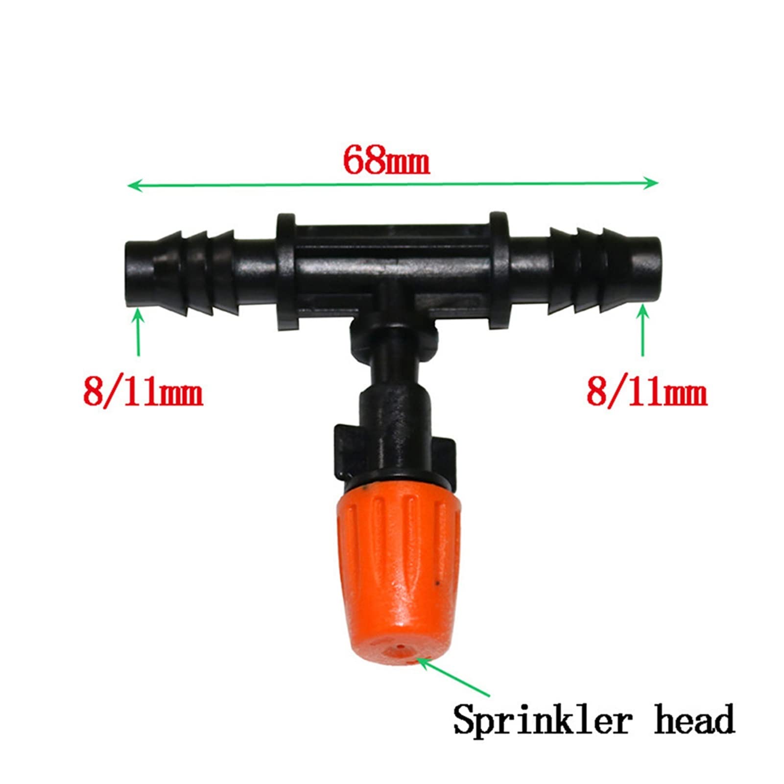 Buse d'atomisation, buse de brumisation d'irrigation, arroseur atomisé orange avec connecteur en T de 3/8 pouces, buse de brumisation de serre agricole, arrosage de jardin, irrigation 100 pièces