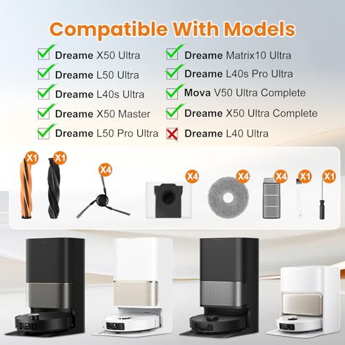 Image of 20 Pack Accessories for Dreame X50 /L50 /Mova V50 Ultra Complete Robot Vacuum | 1 Pair Main Brush 4 Side Brushes 4 HEPA Filters 4 Mop Pads 4 Dust Bags