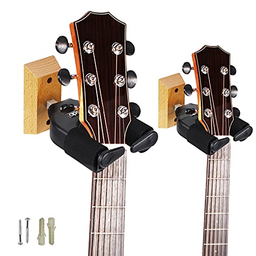 2 Pack Guitar Wall Hangers, Auto Lock Guitar Wall Mount, Guitar Wall Mount Bracket Holder, Guitar Hook with Real Wood Base, Instrument Guitar Hangers Stand for Acoustic, Bass, Ukulele, Electric Guitar