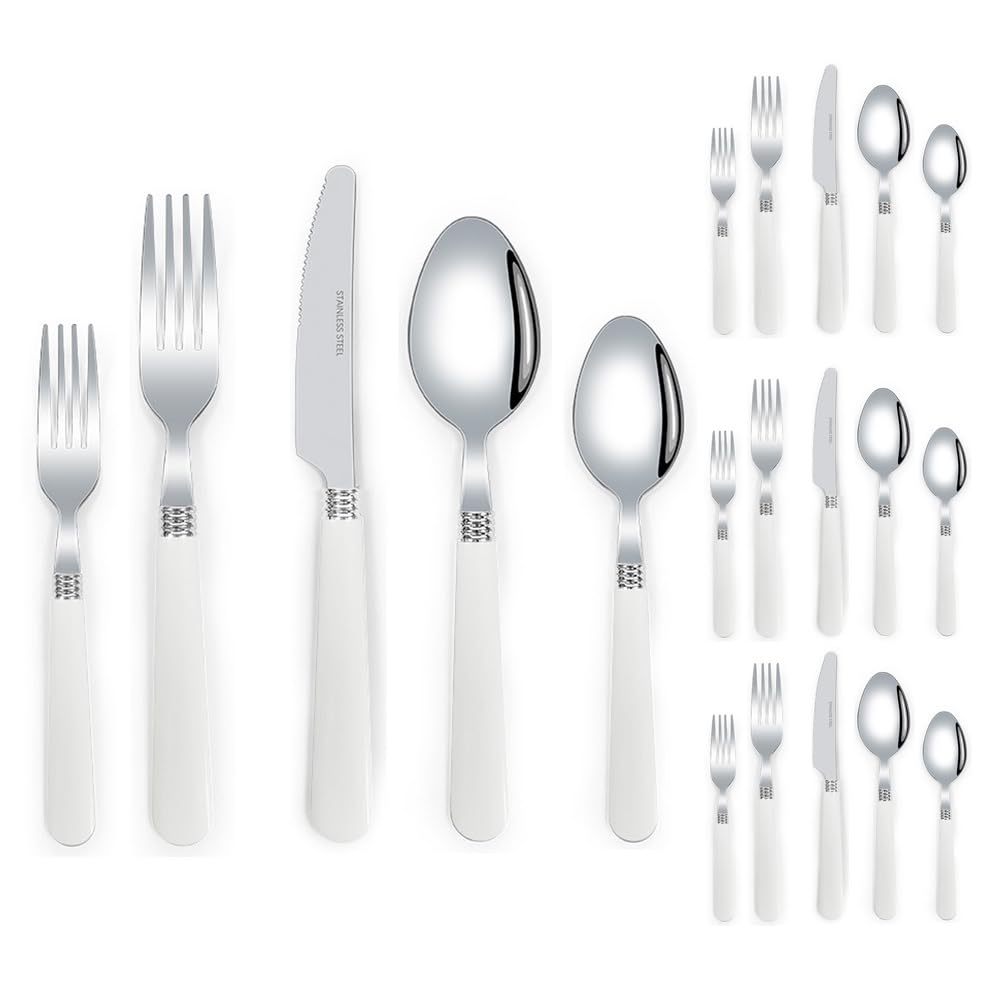 Poignée en Plastique Épaissie Cuisine Acier Inoxydable Argenterie Vaisselle Couverts Ensemble De Couverts Couteau À Steak Fourchette Cuillère Cuillère À Café (Blanc,20 pièces)