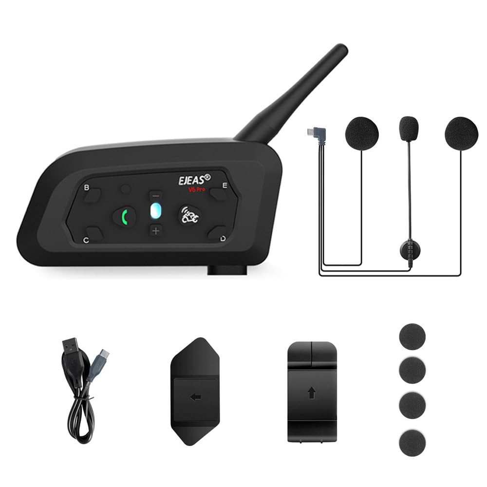 EJEAS V6 Pro+ Interphone 1200M Bluetooth Motorrad Motorrad Helm Gegensprechanlage Headset mit Duplex Interphone Erweiterte Lärmschutz für bis zu 6 Reiter Skifahren und Reiten