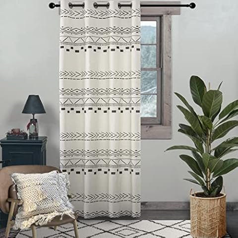 XTMYI Farmhouse Curtains for Living Room,Neutral Country Farm House Style Semi Blackout Boho Curtains for Bedroom,Off White Ivory Cream and Black,84 Inch Length Cover