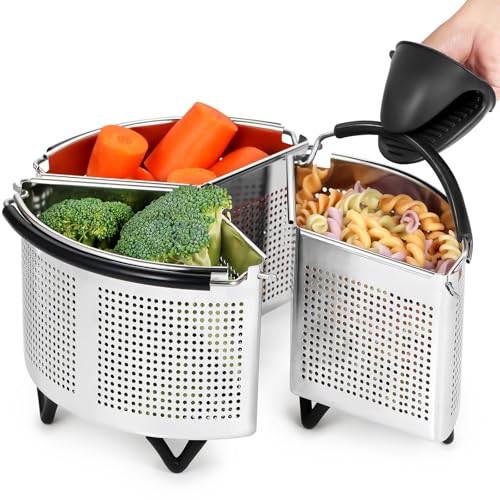 ecooe Cestello per Pasta Separata in Acciaio Inox, 3 Pezzi Cestelli Divisori per Pasta Individuali con Manici e Basi, Guanti in Silicone, Divisore per Cottura Pasta di Pasta, Verdure e Uova (19 cm)