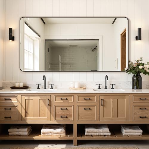 Image of Delma Bathroom Vanity Mirror, Black Framed Mirror for Over Sink, 30x60 | HD glass, distortion-free for makeup and grooming, Sturdy frame, all mounting hardware, hangs horizontal or vertical