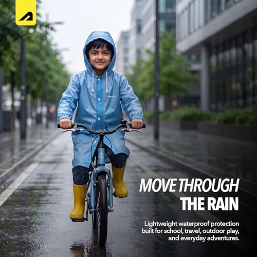 Image of Boldfit Raincoat for Kids Smart Back Long Raincoat with Hood Waterproof Rain Coat for Boys & Girls Lightweight School Poncho Jacket with Pockets & Buttons