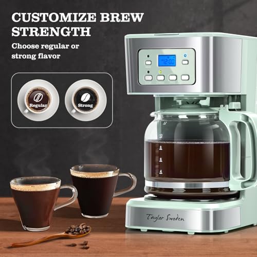 Image of Taylor Swoden 12-Cup Programmable Coffee Maker, Regular & Strong Brew Drip Coffee Machine for Home and Office, Glass Carafe, Pause & Serve, Auto Shut Off, Green & Stainless Steel