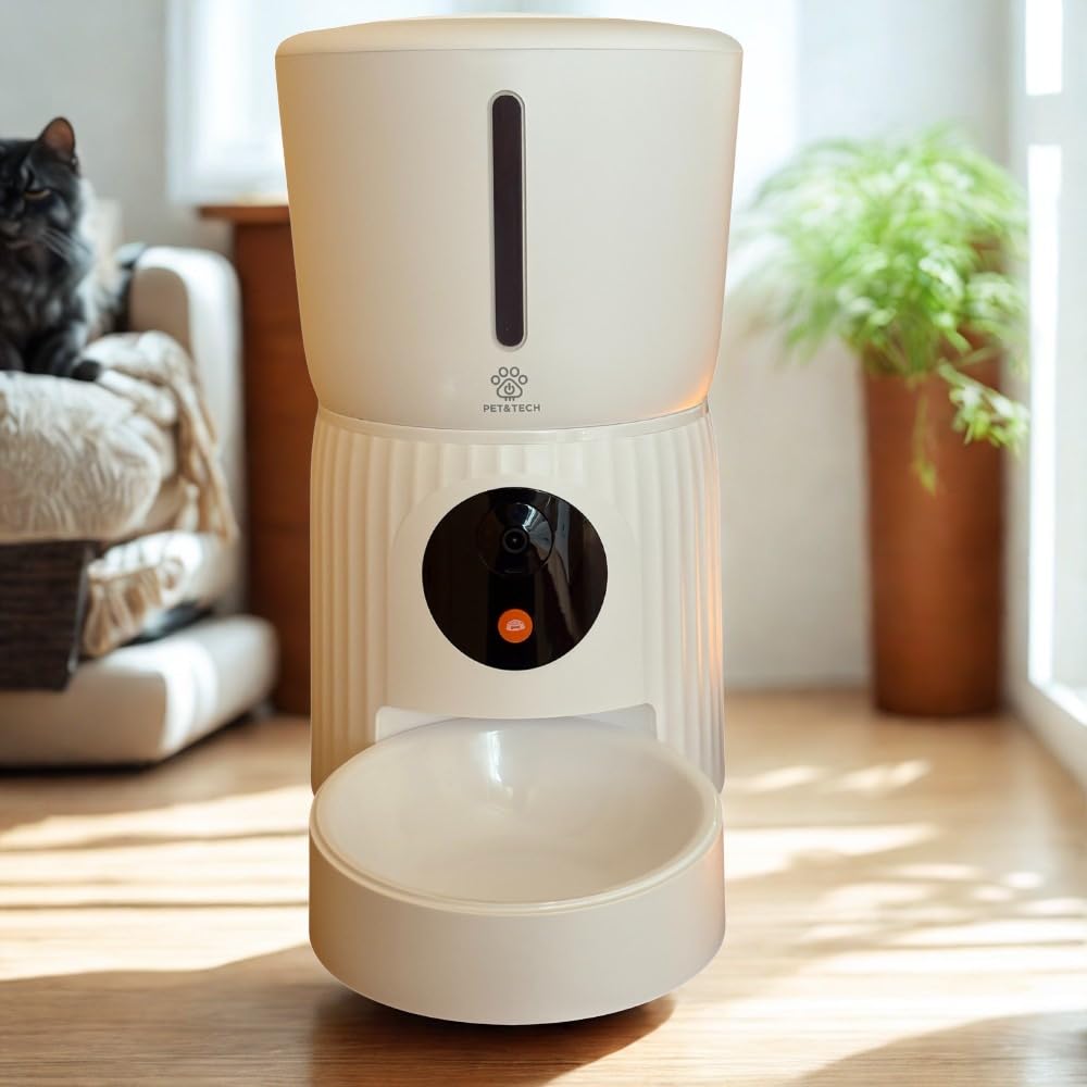 PET&TECH Comedero Automático para Gatos y Perros, 4L, Dispensador de Comida Mascotas, WiFi 2.4G/5G, Cámara HD 1080p, App Smart Life, Audio Bidireccional, hasta 10 Comidas al Día