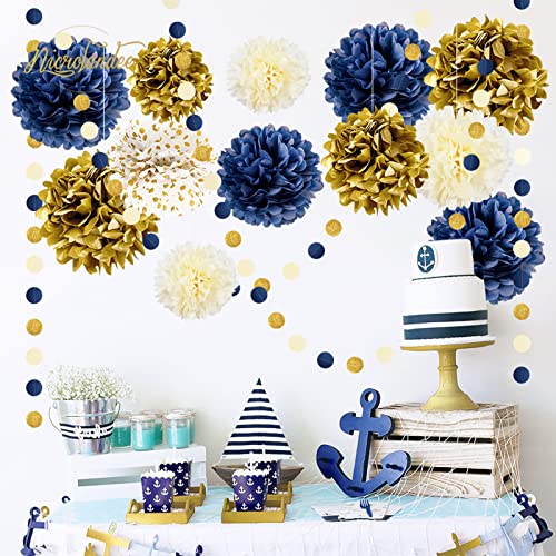 Nicrolandee 15 Pcs Navy Blue Gold Tissue Paper Pom Poms For Men Birthday, Baby Bridal Shower, Wedding, Bachelorette, Graduations, Navy Blue Engagement Party Backdrop Dot Paper Decorations #TOP3