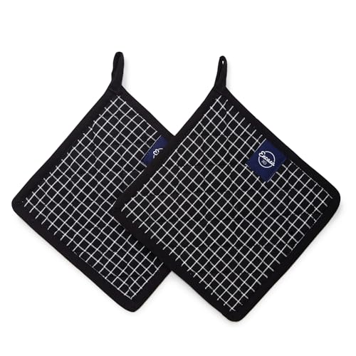 Image of Encasa XO Oven Microwave Pot Holders Trivets 21 cm (2 pc) for Kitchen Cooking & Baking - Heat Resistant, Thick & Safe, Protection of Hands from Hot Utensils, Grill, BBQ - Butcher Checks Black