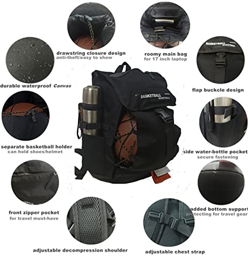 Basketball Backpack Sports Gym Backpack Bag With Ball /Shoe Compartment Anti Theft Drawstring Laptop Backpack 17 Inch Bookbags For Women Men,Black, 38L #TOP1