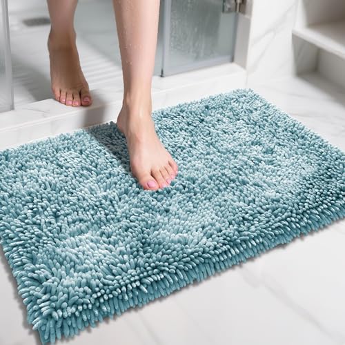 Image of Yimobra Chenille Bathroom Rugs Non Slip, Extra Thick Soft Absorbent Bath Rug 31.5x20 Inch, Machine Washable Quick Dry Bath Mat for Bathroom Floor, Tub and Shower, Home Decor Accessories, Greyish Blue