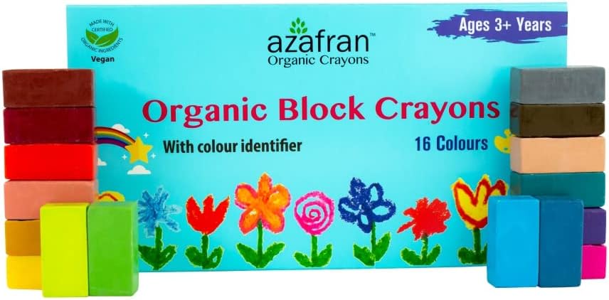 - Azafran Organics 16 Non-toxic Block Crayons, Standard Size, For Pre School Kids, Baby Safe, Hypoallergenic, No Mineral Oils, No Harmful Chemicals, 16 Color Shades, Multi-coloured.