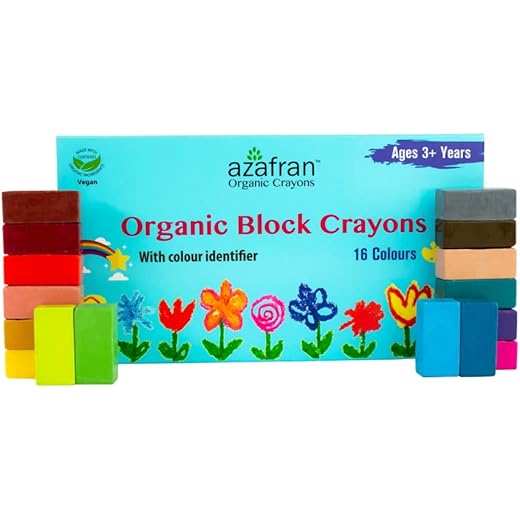 Azafran Organics 16 Non-toxic Block Crayons, Standard Size, For Pre School Kids, Baby Safe, Hypoallergenic, No Mineral Oils, No Harmful Chemicals, 16 Color Shades, Multi-coloured.