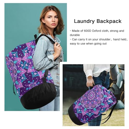 MNSRUU Washable Laundry Bag Backpack Large Dirty Clothes Bag with Adjustable Shoulder Strap Handles, Purple Mandala Extra Laundry Heavy Duty Drawstring Bag for Travel College Grey Camping2