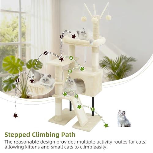 Image of Gitelsnour Cat Tree Tower for Indoor Cats, Top Platform with Toy, GCT006SM | 49.2 inch Cat Condo House, Sturdy Base, Scratching Post & Board, 3 Balls, Hanging Basket, Small Cats and Kittens, Beige
