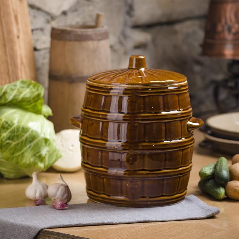 BirnePower Keramikfass Sauerkrauttopf Rumtopf Gurkentopf Gärtopf Tontopf mit Deckel Einlegetopf aus Keramik Steingut Gurkentopf (3 2L)